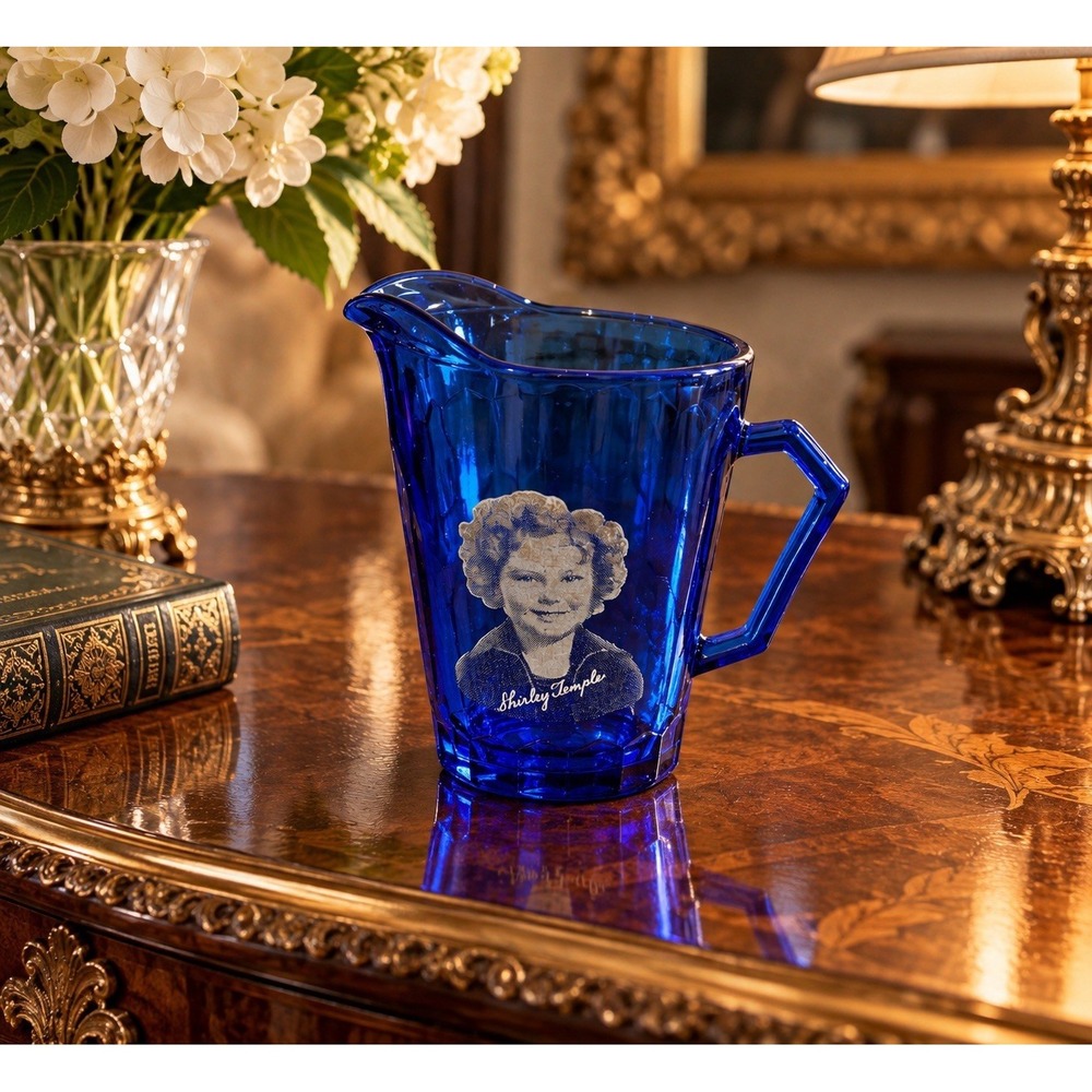 Vintage 1930s Cobalt Blue Shirley Temple Pitcher – Hazel-Atlas – 4.5" Depression